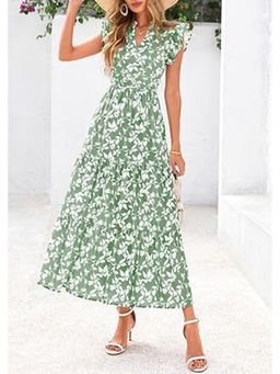 Outzidr - Green Printed Cap Sleeved Midi Dress