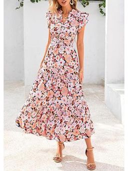 Outzidr - Red Printed Cap Sleeved Midi Dress