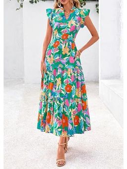 Outzidr - Sea Green Printed Cap Sleeved Midi Dress