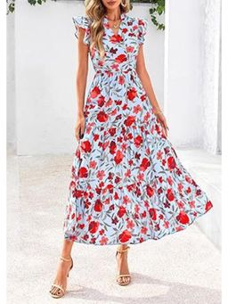 Outzidr - Light Blue Printed Cap Sleeved Midi Dress