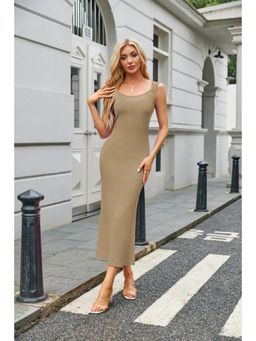 Outzidr - Beige Solid Basic Tank Bodycon Midi Dress