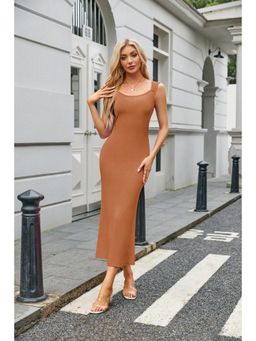 Outzidr - Rust Solid Basic Tank Bodycon Midi Dress