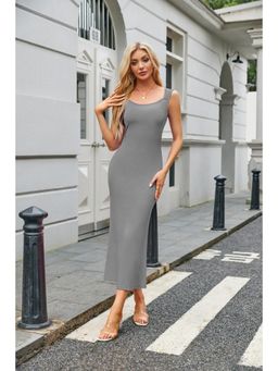 Outzidr - Charcoal Solid Basic Tank Bodycon Midi Dress
