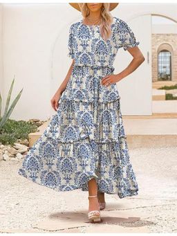 Outzidr - Blue Scoop Round Neck Printed Tiered Maxi Dress
