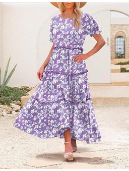 Outzidr - Purple Scoop Round Neck Floral Printed Tiered Maxi Dress