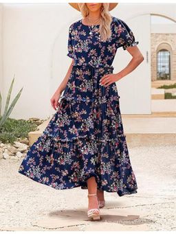 Outzidr - Navy Blue Scoop Round Neck Floral Printed Tiered Maxi Dress