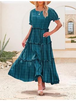 Outzidr - Teal Scoop Round Neck Printed Tiered Maxi Dress
