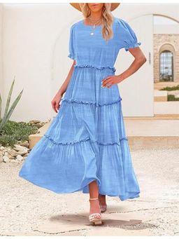 Outzidr - Light Blue Scoop Round Neck Textured Maxi Dress