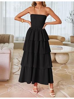 Outzidr - Black Tube Smoked With Ruffled Layers Maxi Dress