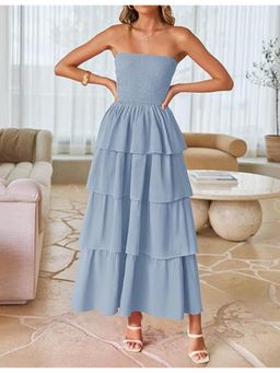 Outzidr - Blue Tube Smoked With Ruffled Layers Maxi Dress