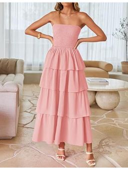 Outzidr - Peach Tube Smoked With Ruffled Layers Maxi Dress