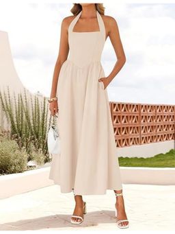 Outzidr - Cream Square Halter Neck Maxi Dress