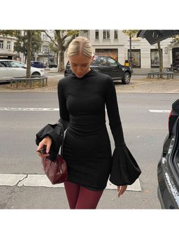 Outzidr - Black Bell Sleeves Mini Dress