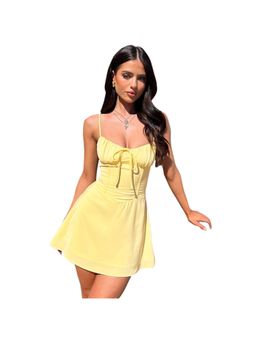 Outzidr - Yellow Thin Strap With Front Bow Mini Dress