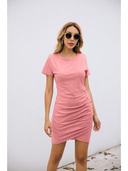 Outzidr - Pink Solid Wrap Over Hem Mini Dress