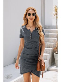 Outzidr - Charcoal Button Down Wrap Over Hem Mini Dress