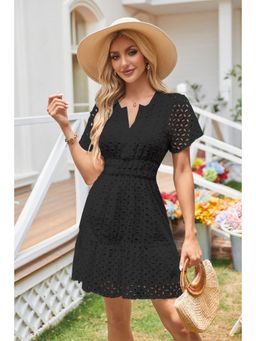 Outzidr - Black V-Neck Solid Schiffli Mini Dress