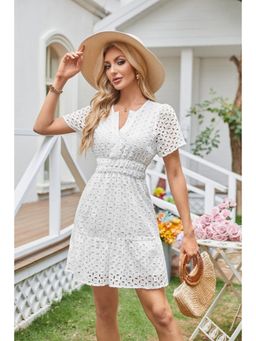 Outzidr - White V-Neck Solid Schiffli Mini Dress