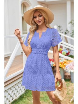 Outzidr - Blue V-Neck Solid Schiffli Mini Dress