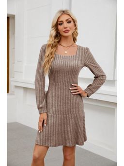 Outzidr - Beige Wide Spaced Rib Mini Dress
