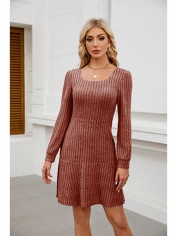 Outzidr - Rust Wide Spaced Rib Mini Dress