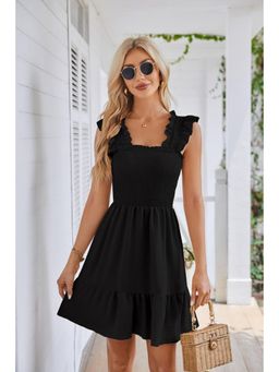 Outzidr - Black Cap Sleeves Tiered Solid Mini Dress
