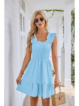 Outzidr - Blue Cap Sleeves Tiered Solid Mini Dress