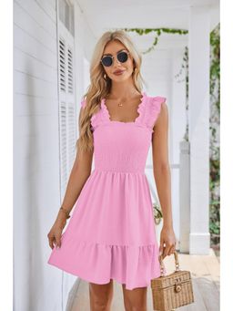 Outzidr - Pink Cap Sleeves Tiered Solid Mini Dress