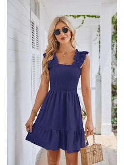 Outzidr - Navy Blue Cap Sleeves Tiered Solid Mini Dress