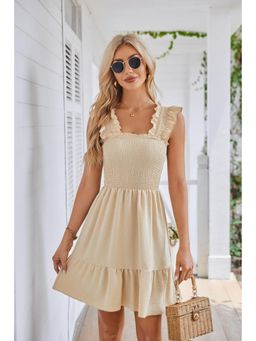 Outzidr - Beige Cap Sleeves Tiered Solid Mini Dress