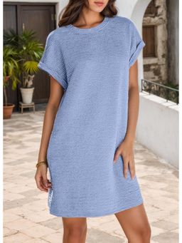 Outzidr - Blue Textured Folded Sleeve Hem Mini Dress