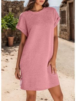 Outzidr - Pink Textured Folded Sleeve Hem Mini Dress