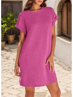 Outzidr - Magenta Textured Folded Sleeve Hem Mini Dress