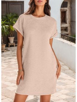 Outzidr - Beige Textured Folded Sleeve Hem Mini Dress