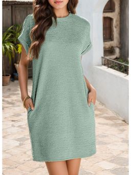 Outzidr - Mint Textured Folded Sleeve Hem Mini Dress