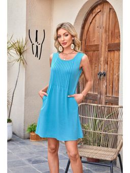 Outzidr - Blue Round Neck With Pockets Mini Dress