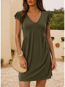 Outzidr - Olive V Neck Cap Sleeves Mini Dress