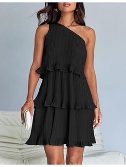 Outzidr - Black One Shoulder Three Tiered Pleated Mini Dress