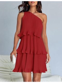 Outzidr - Red One Shoulder Three Tiered Pleated Mini Dress