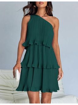 Outzidr - Green One Shoulder Three Tiered Pleated Mini Dress