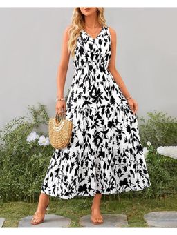 Outzidr - White V Neck Printed Cinched Waist Maxi Dress