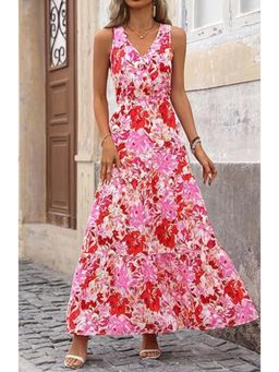 Outzidr - Red V Neck Printed Cinched Waist Maxi Dress