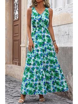 Outzidr - Green V Neck Printed Cinched Waist Maxi Dress