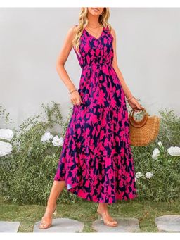 Outzidr - Pink V Neck Printed Cinched Waist Maxi Dress