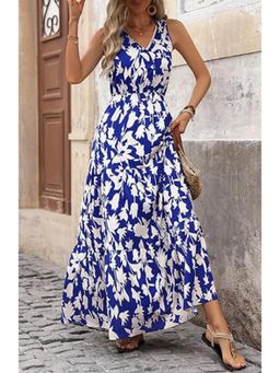 Outzidr - Navy Blue V Neck Printed Cinched Waist Maxi Dress