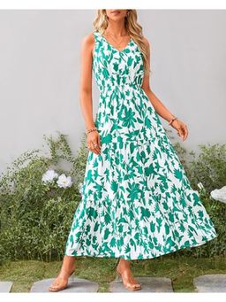 Outzidr - Sea Green V Neck Printed Cinched Waist Maxi Dress