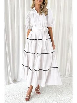 Outzidr - White Button Down Puff Sleeved Shirt Maxi Dress