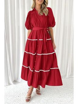Outzidr - Red Button Down Puff Sleeved Shirt Maxi Dress