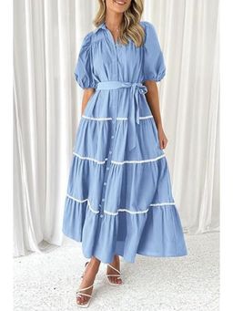 Outzidr - Blue Button Down Puff Sleeved Shirt Maxi Dress
