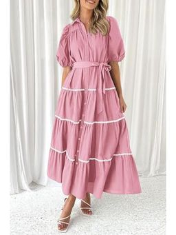 Outzidr - Pink Button Down Puff Sleeved Shirt Maxi Dress